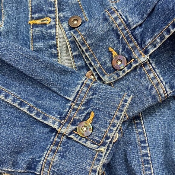 MARCI Distressed Denim Jean Trucker Jacket Sequin Pineapple Back Size Medium - Picture 9 of 9